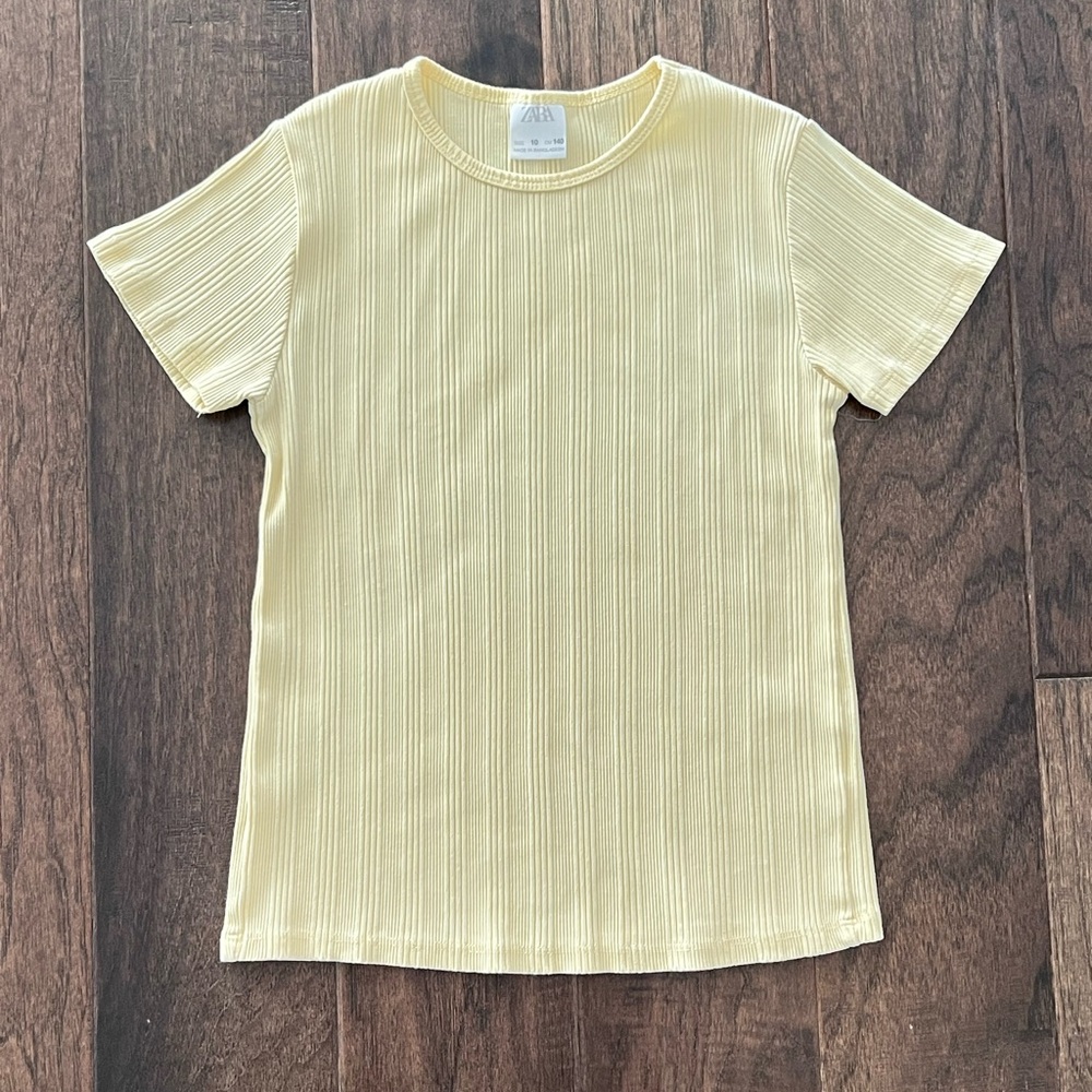 Zara Girls Yellow Ribbed Stretch Short Sleeve Tee Sz 10